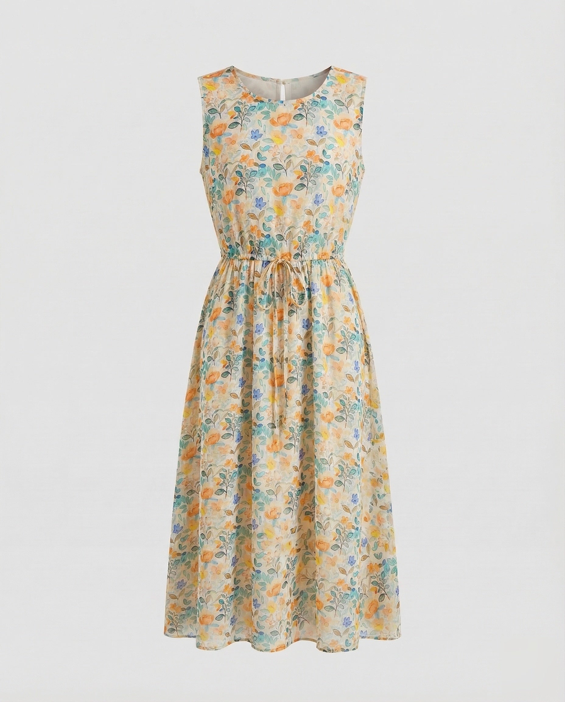 Women's Floral Midi Dress with Drawstring Waist
