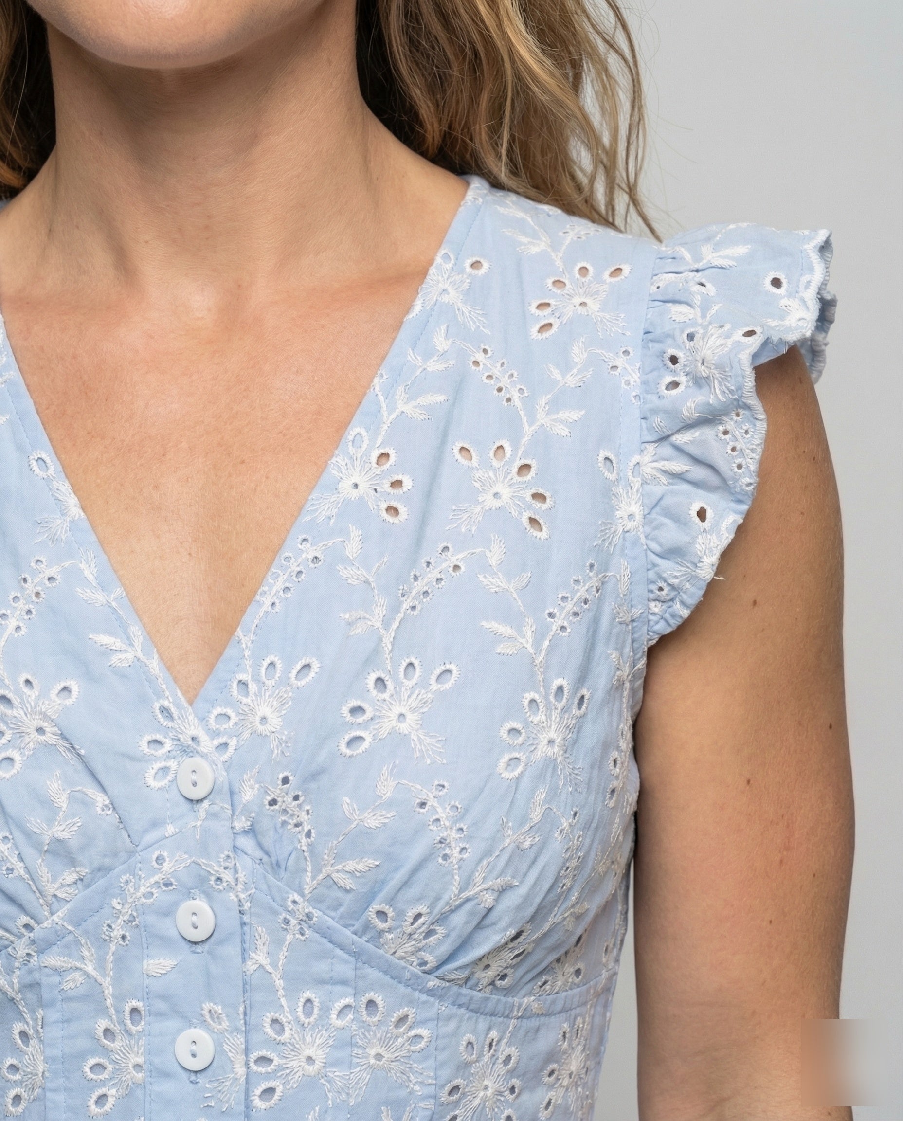Women's Eyelet Embroidery Maxi Dress with Ruffle Skirt - Close-Up Detail