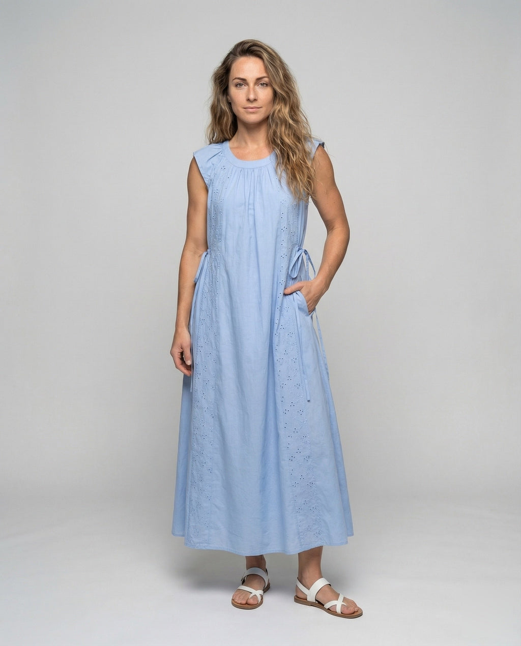 Women's Cotton Maxi Dress with Embroidery Inserts - Front View