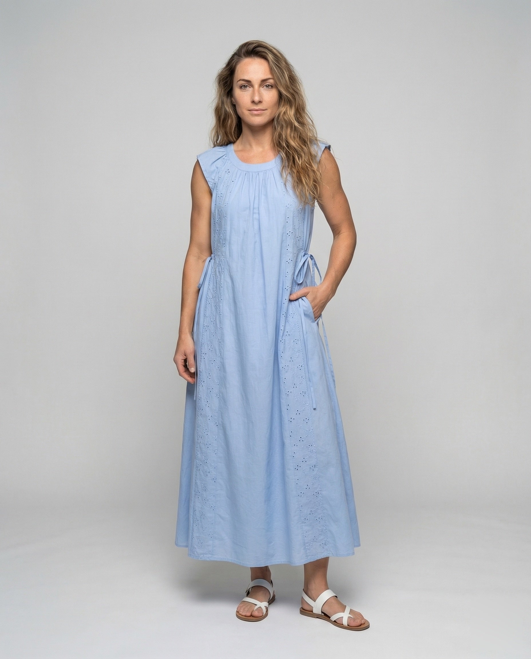 Women's Cotton Maxi Dress with Embroidery Inserts - Front View
