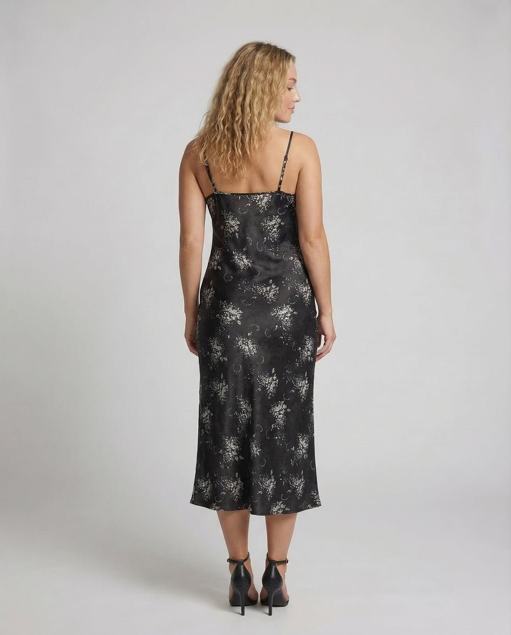 Women's Satin Slip Dress with Floral Pattern - Back View