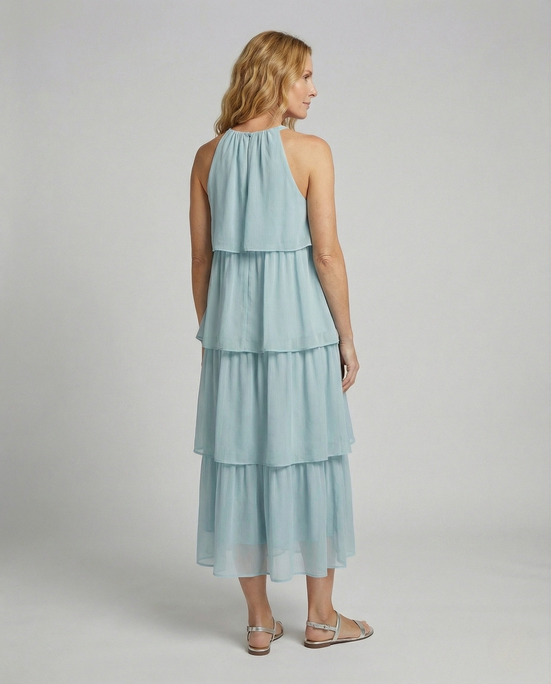 Women's Airy Chiffon Maxi Dress with Ruffles - Back View
