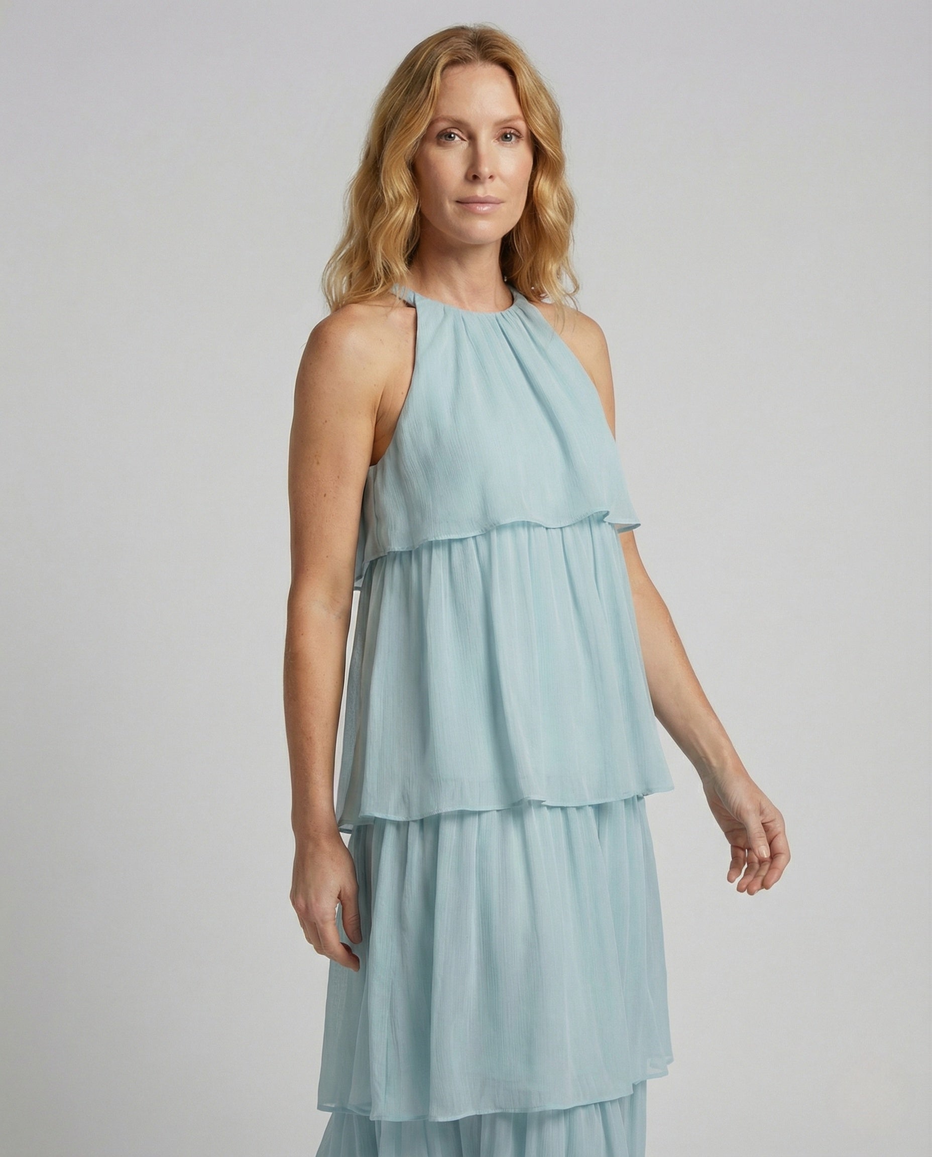 Women's Airy Chiffon Maxi Dress with Ruffles - Upper Body View