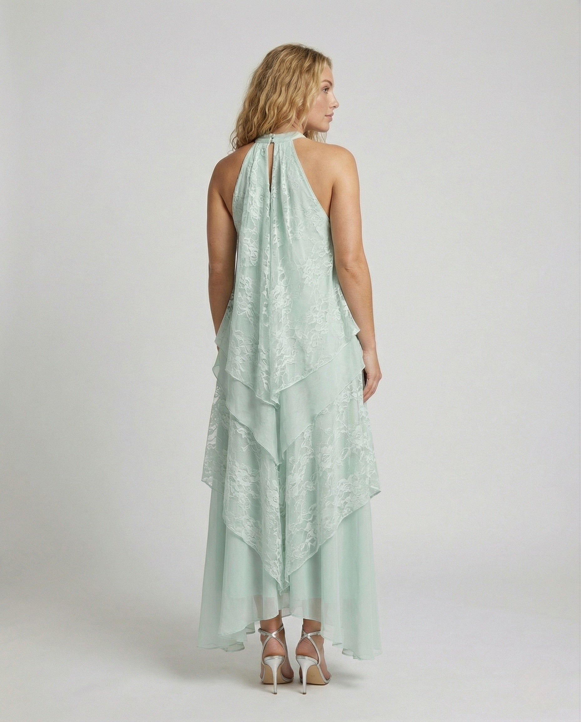 Women's Multilayered Maxi Dress with Lace Overlay - Back View