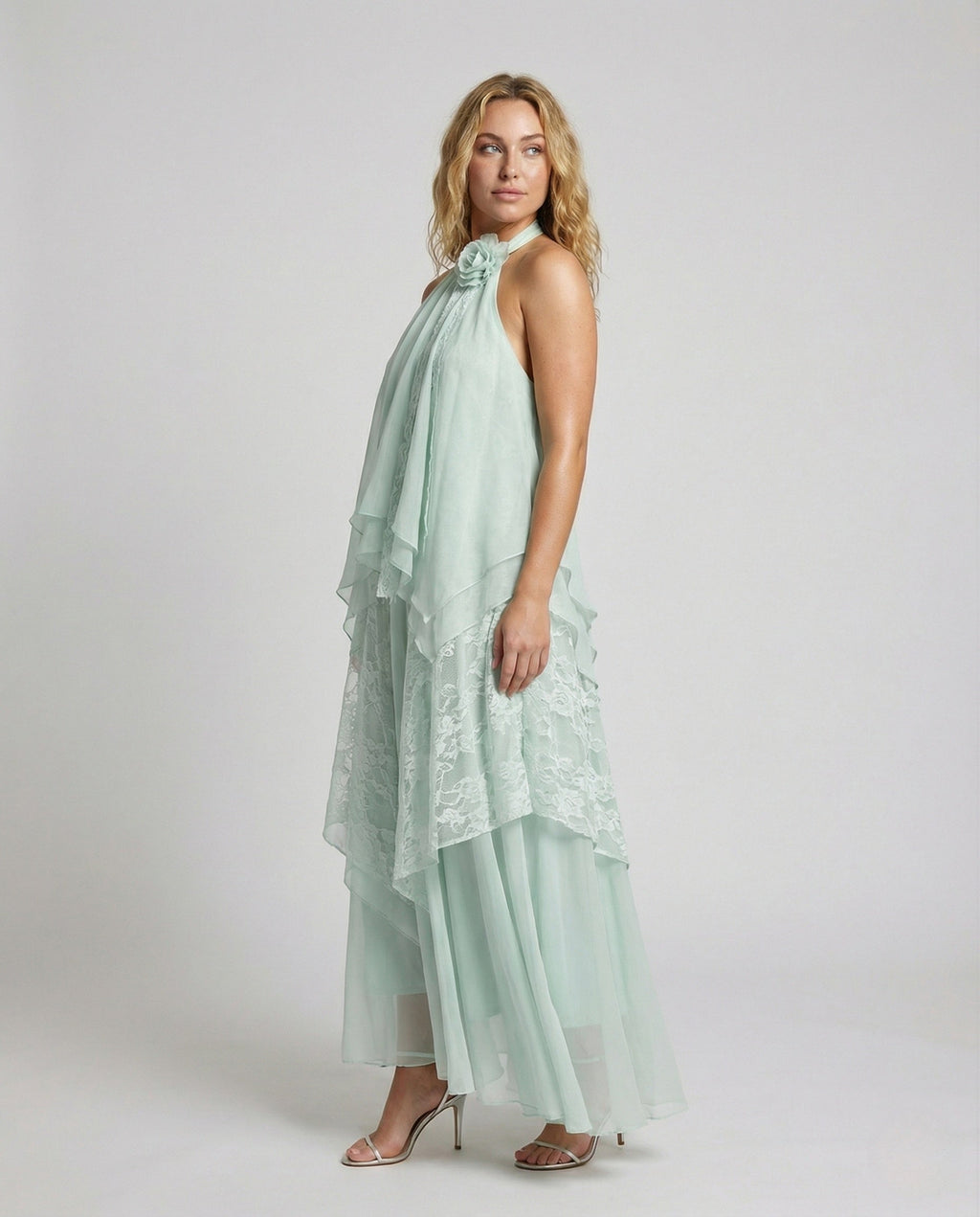 Women's Multilayered Maxi Dress with Lace Overlay - Front View