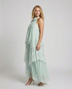 Women's Multilayered Maxi Dress with Lace Overlay - Front View