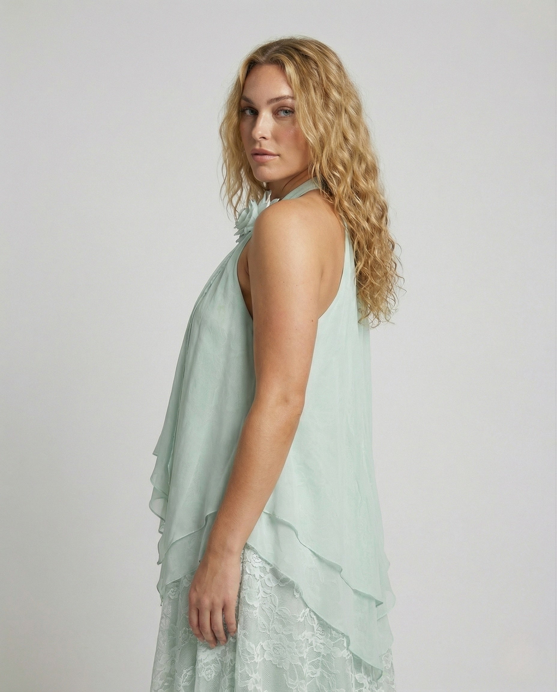 Women's Multilayered Maxi Dress with Lace Overlay - Upper Body View