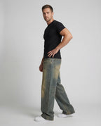 Unisex Denim Pants Extra Wide with Used Wash - Front View
