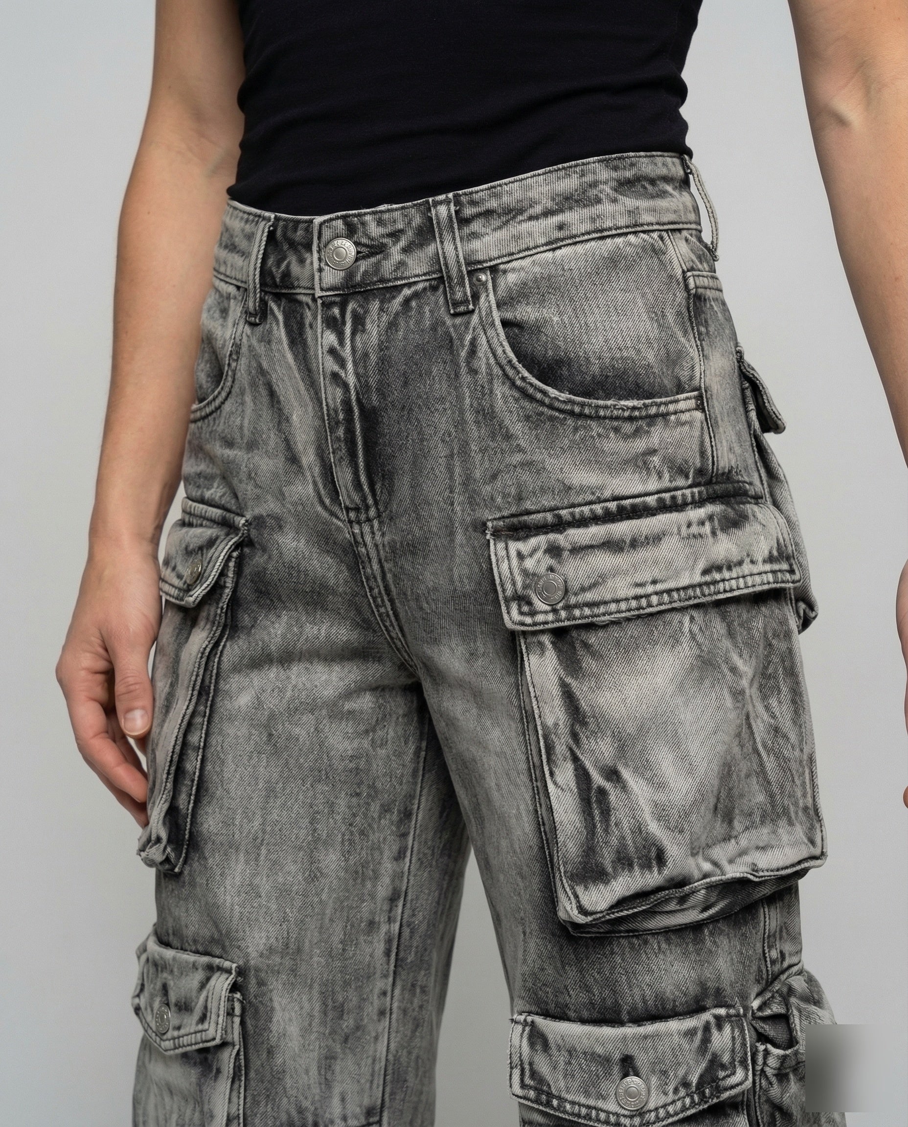 Women's Utility Denim Pants Adjustable Leg Straps - Close-Up Detail