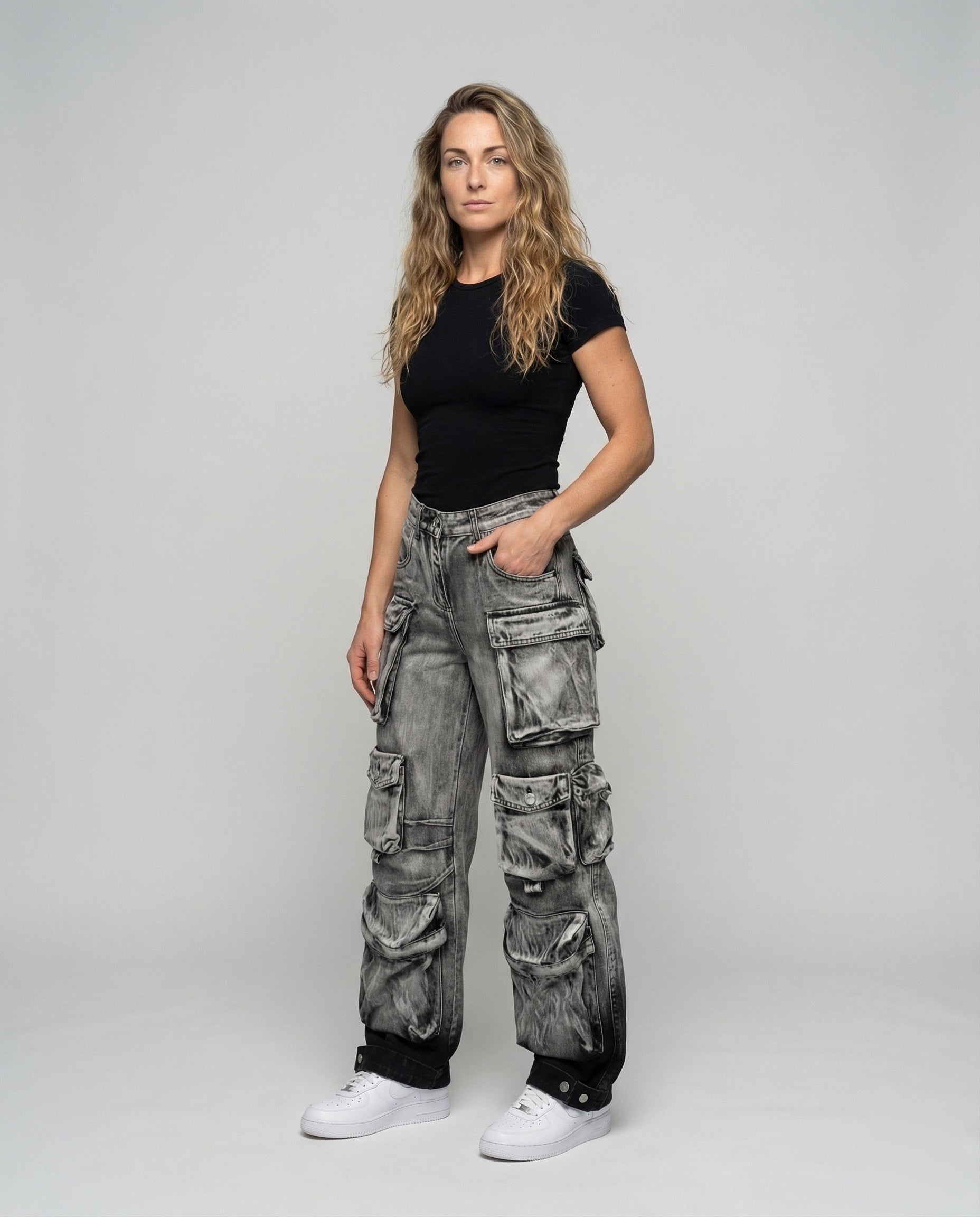 Women's Utility Denim Pants Adjustable Leg Straps - Front View
