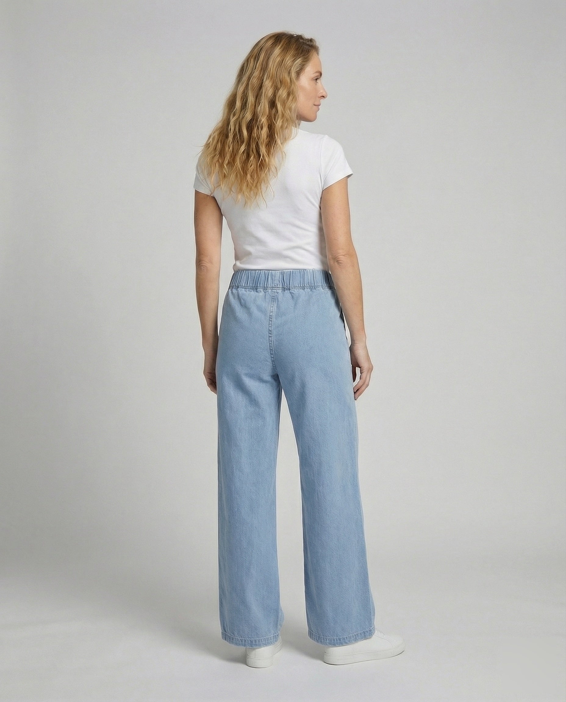 Women's Wide Denim Trousers in Palazzo Style - Back View
