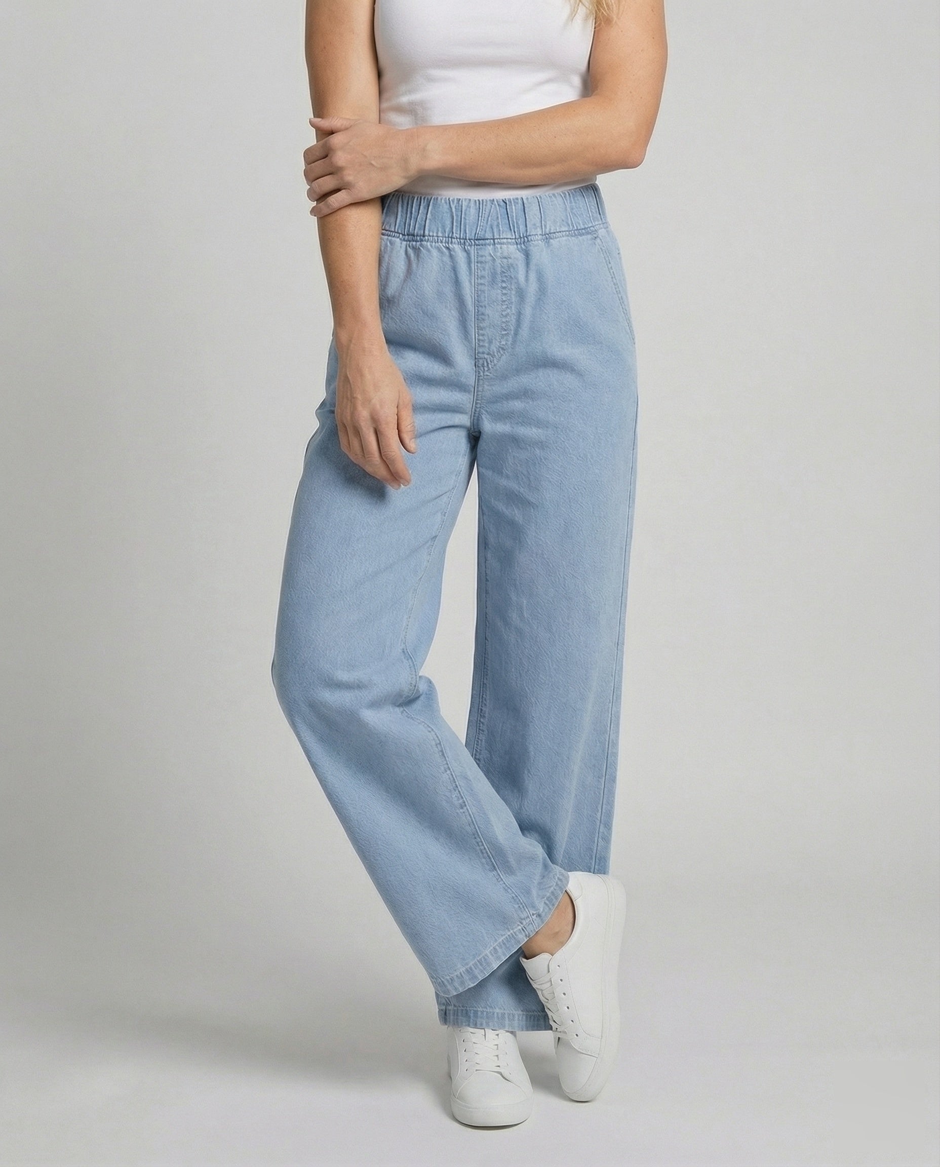 Women's Wide Denim Trousers in Palazzo Style - Lower Body View