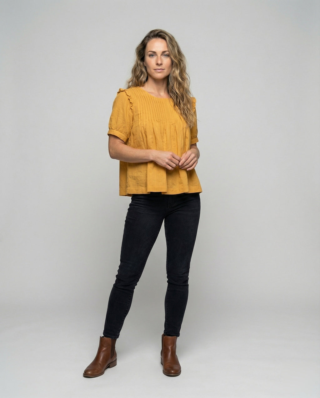 Women's Piped Ruffle Blouse Tunic - Front View