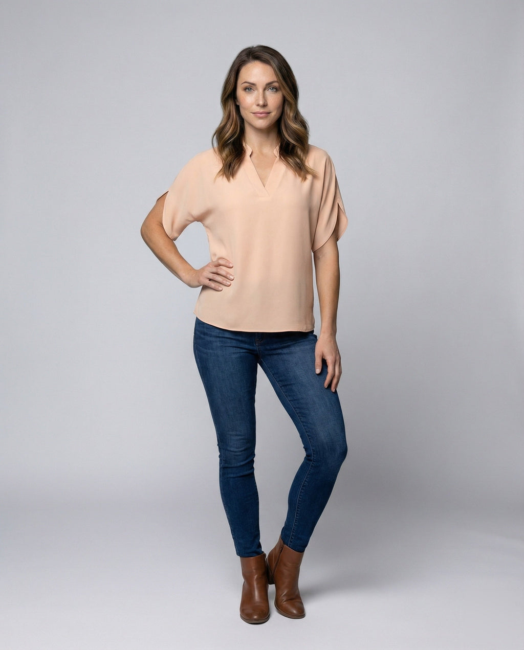 Women's Mandarin Collar Slit Blouse Top - Front View