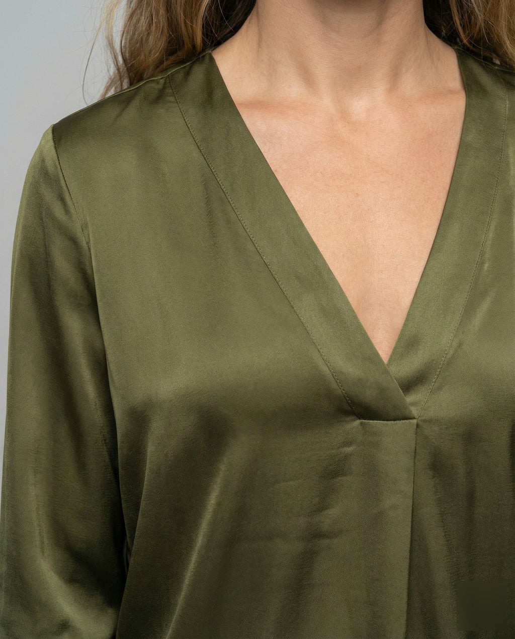 Women's Semi-Sheer Flowing Blouse Tunic with Deep V-Neckline - Close-Up Detail