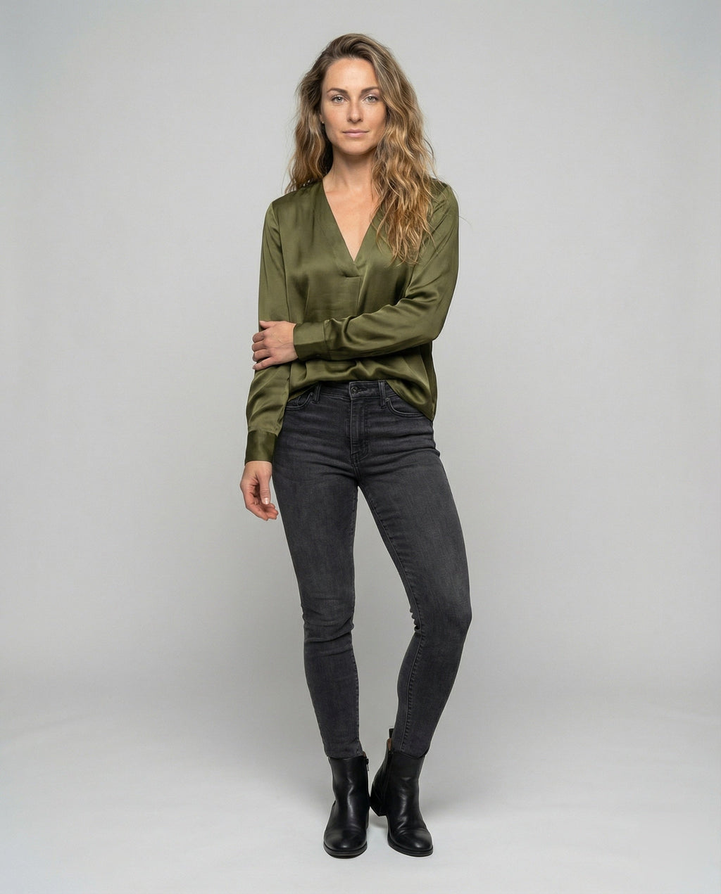 Women's Semi-Sheer Flowing Blouse Tunic with Deep V-Neckline - Front View