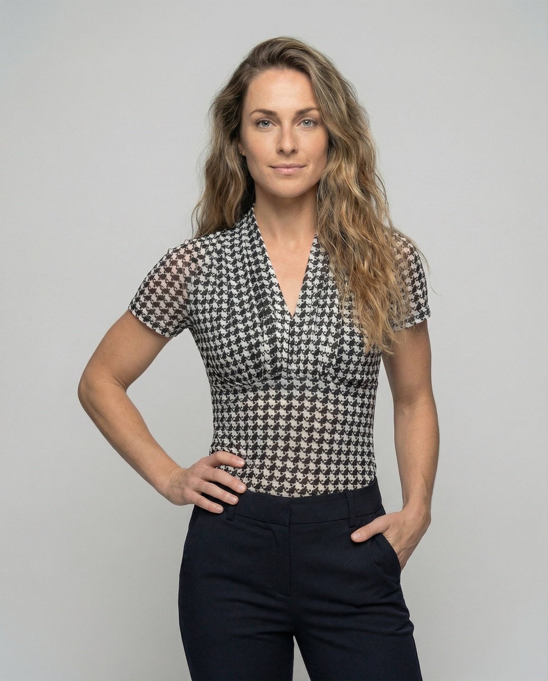 Women's Slim-Fit Short-Sleeve Blouse Top with Houndstooth - Upper Body View