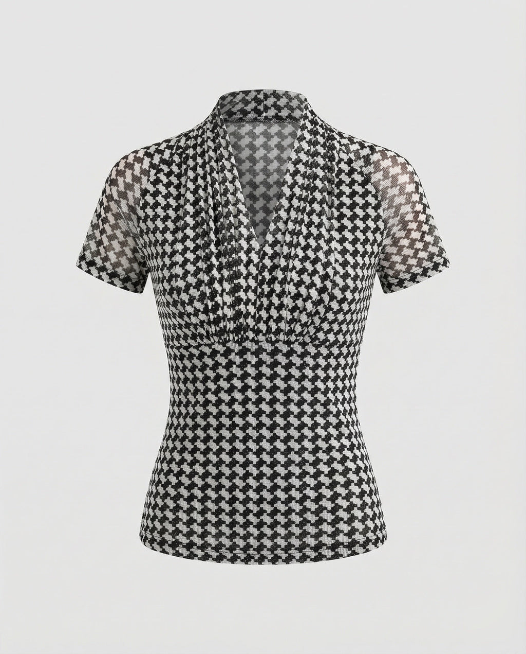 Women's Slim-Fit Short-Sleeve Blouse Top with Houndstooth