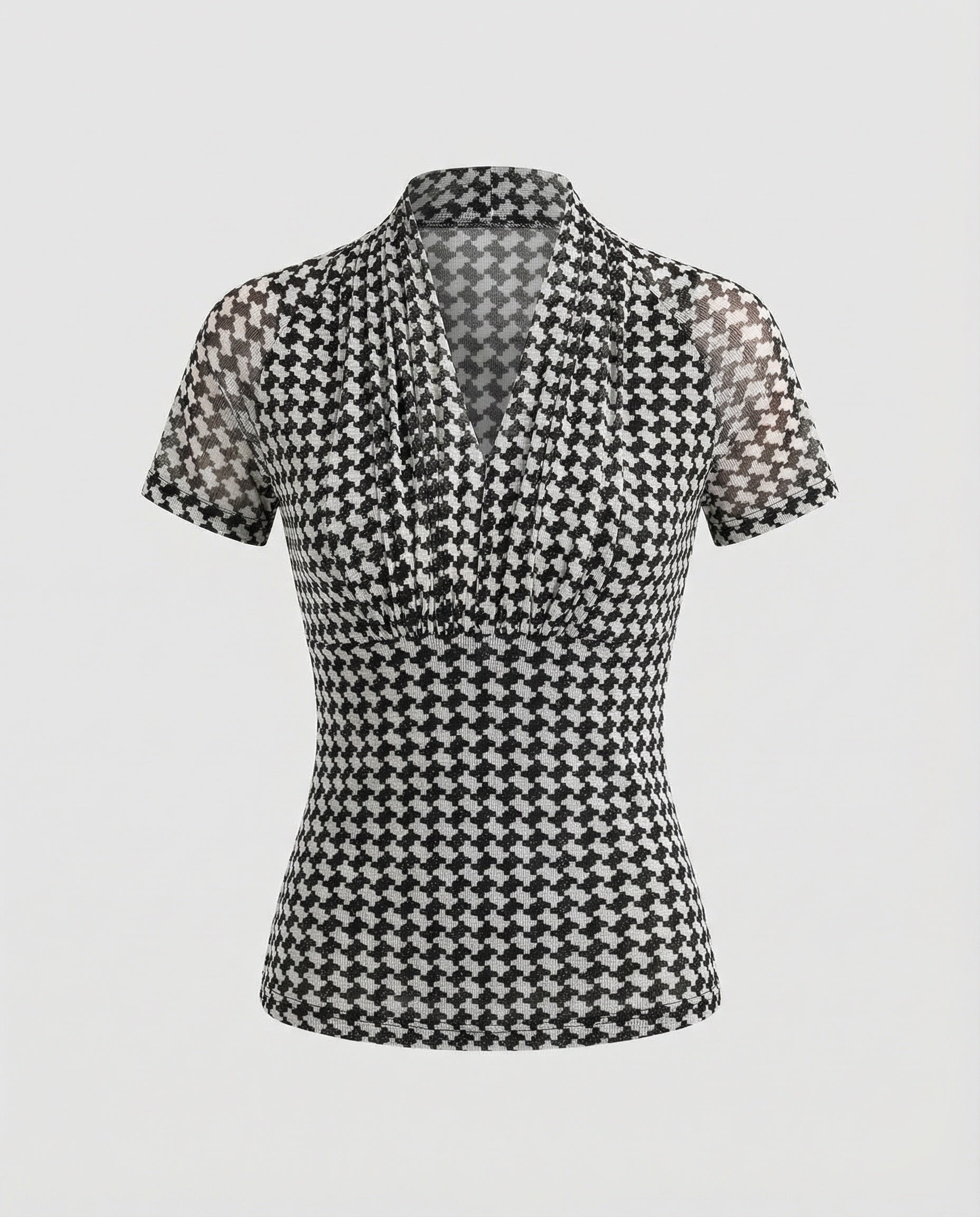 Women's Slim-Fit Short-Sleeve Blouse Top with Houndstooth