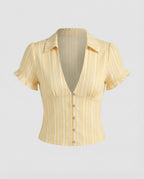 Women's Striped Eyelet-Lacing Mixed-Fabric Girl Blouse Set