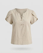 Women's Short Linen Look Mixed Material Girly Blouse Shirt
