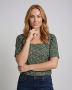 Women's Boxy Short Sleeve Mixed Material Girl Blouse Top - Upper Body View