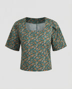 Women's Boxy Short Sleeve Mixed Material Girl Blouse Top