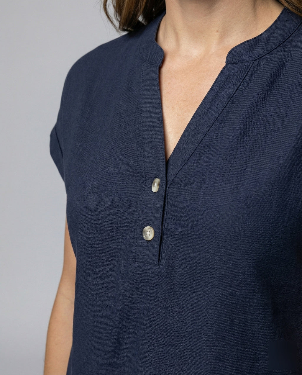 Women's Loose V-Neck Mixed Fabric Girl Blouse Shirt - Close-Up Detail