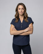 Women's Loose V-Neck Mixed Fabric Girl Blouse Shirt - Upper Body View