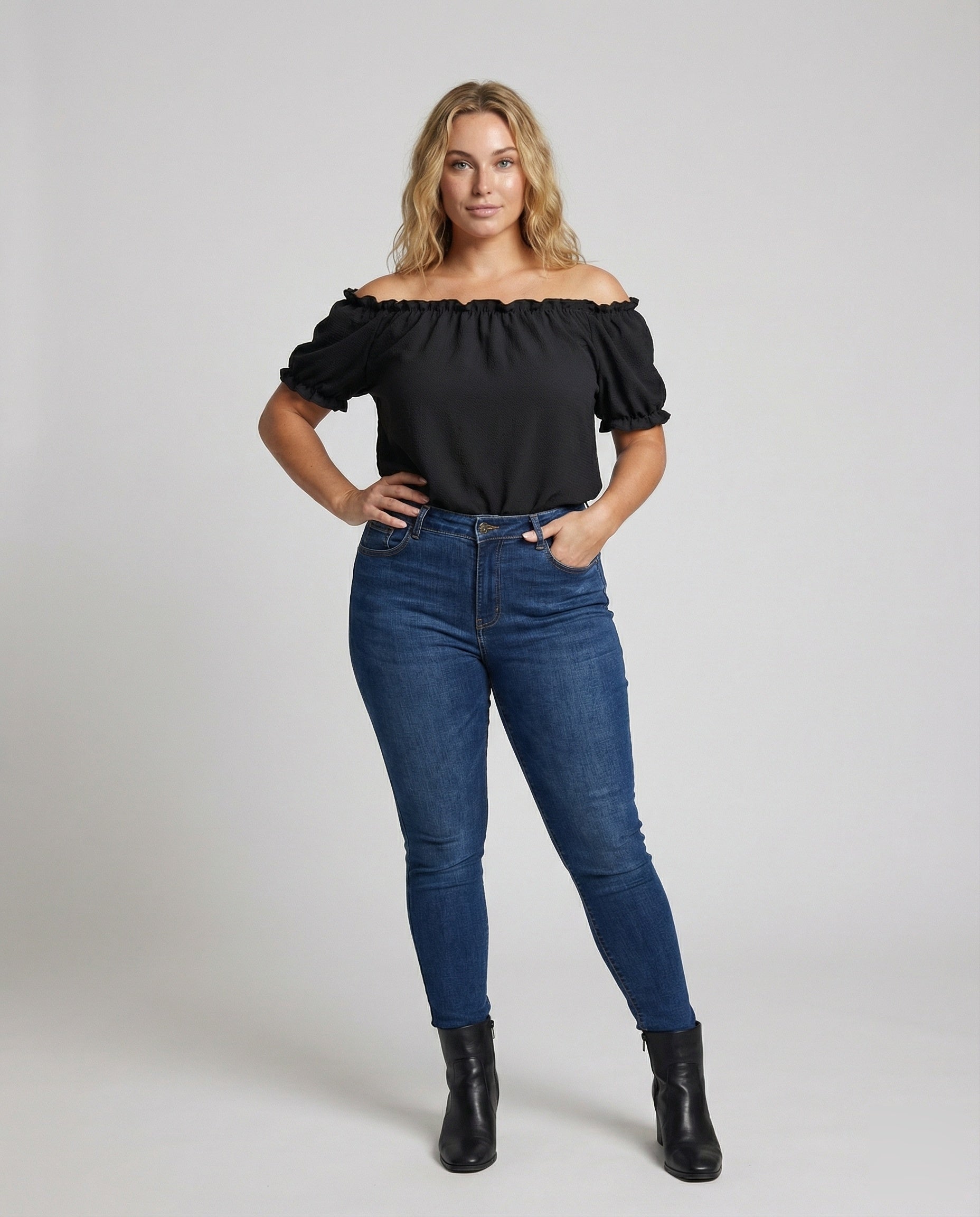 Women's Ruched Neck Puff Sleeve Blouse Top - Front View