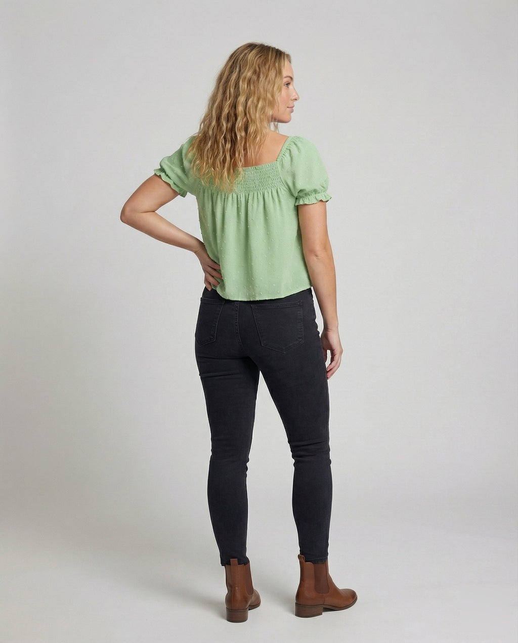 Women's Lightweight Square Neck Mixed Fabric Girl Smock Blouse Top - Back View