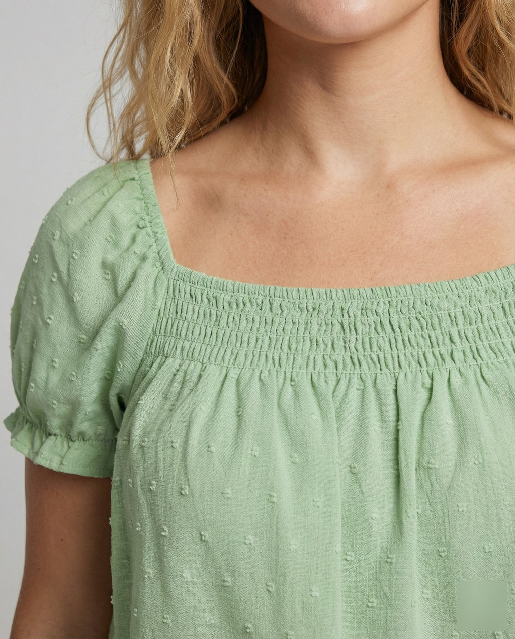 Women's Lightweight Square Neck Mixed Fabric Girl Smock Blouse Top - Close-Up Detail