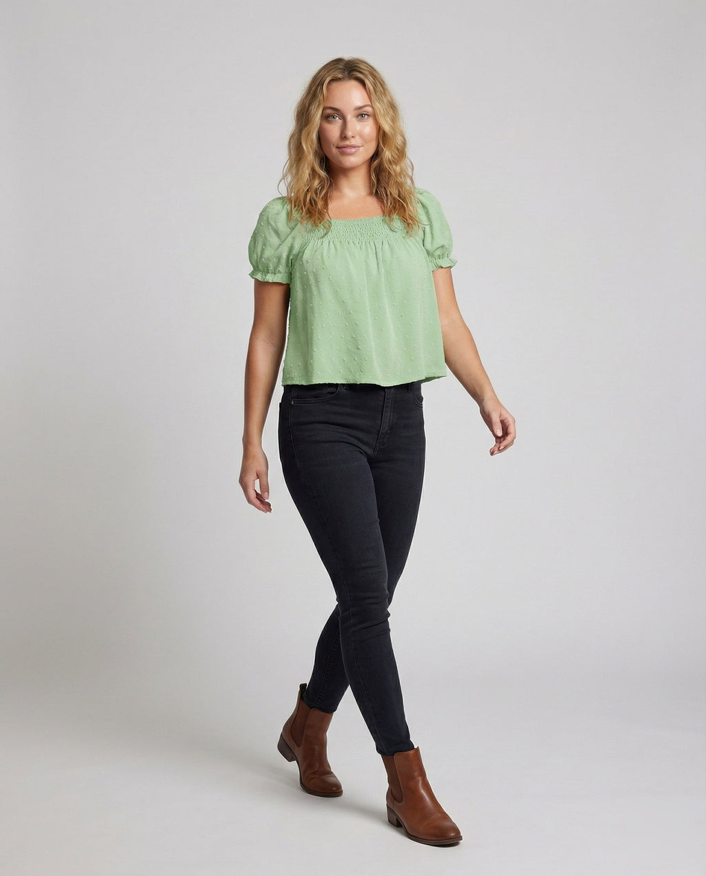 Women's Lightweight Square Neck Mixed Fabric Girl Smock Blouse Top - Front View