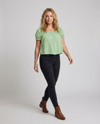 Women's Lightweight Square Neck Mixed Fabric Girl Smock Blouse Top - Front View
