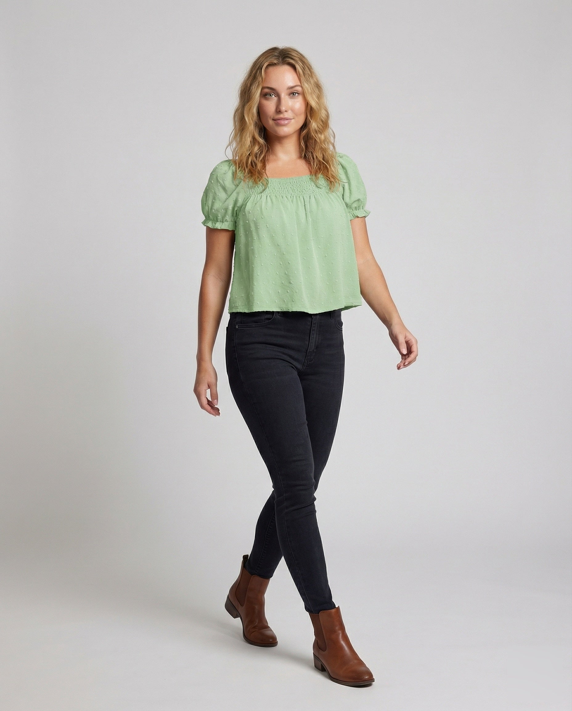 Women's Lightweight Square Neck Mixed Fabric Girl Smock Blouse Top - Front View