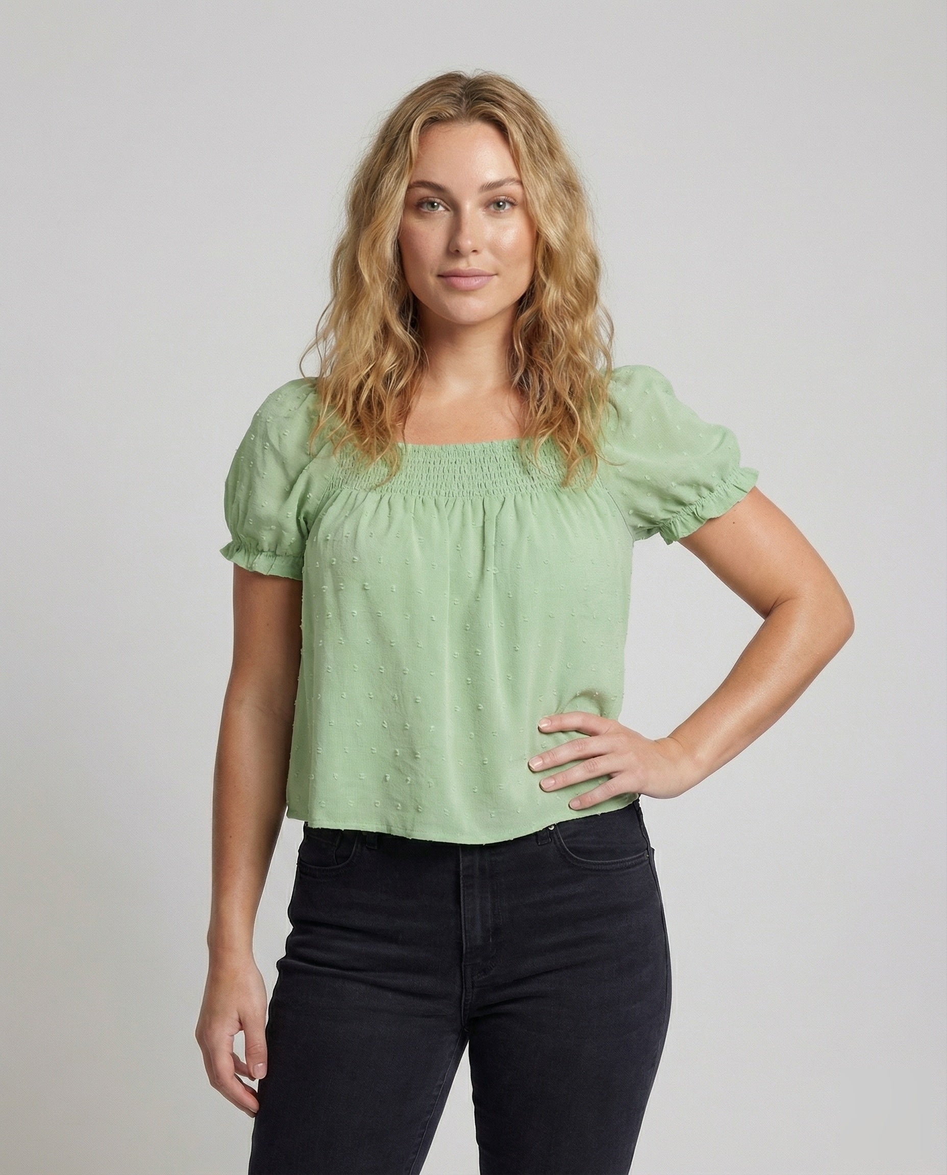 Women's Lightweight Square Neck Mixed Fabric Girl Smock Blouse Top - Upper Body View