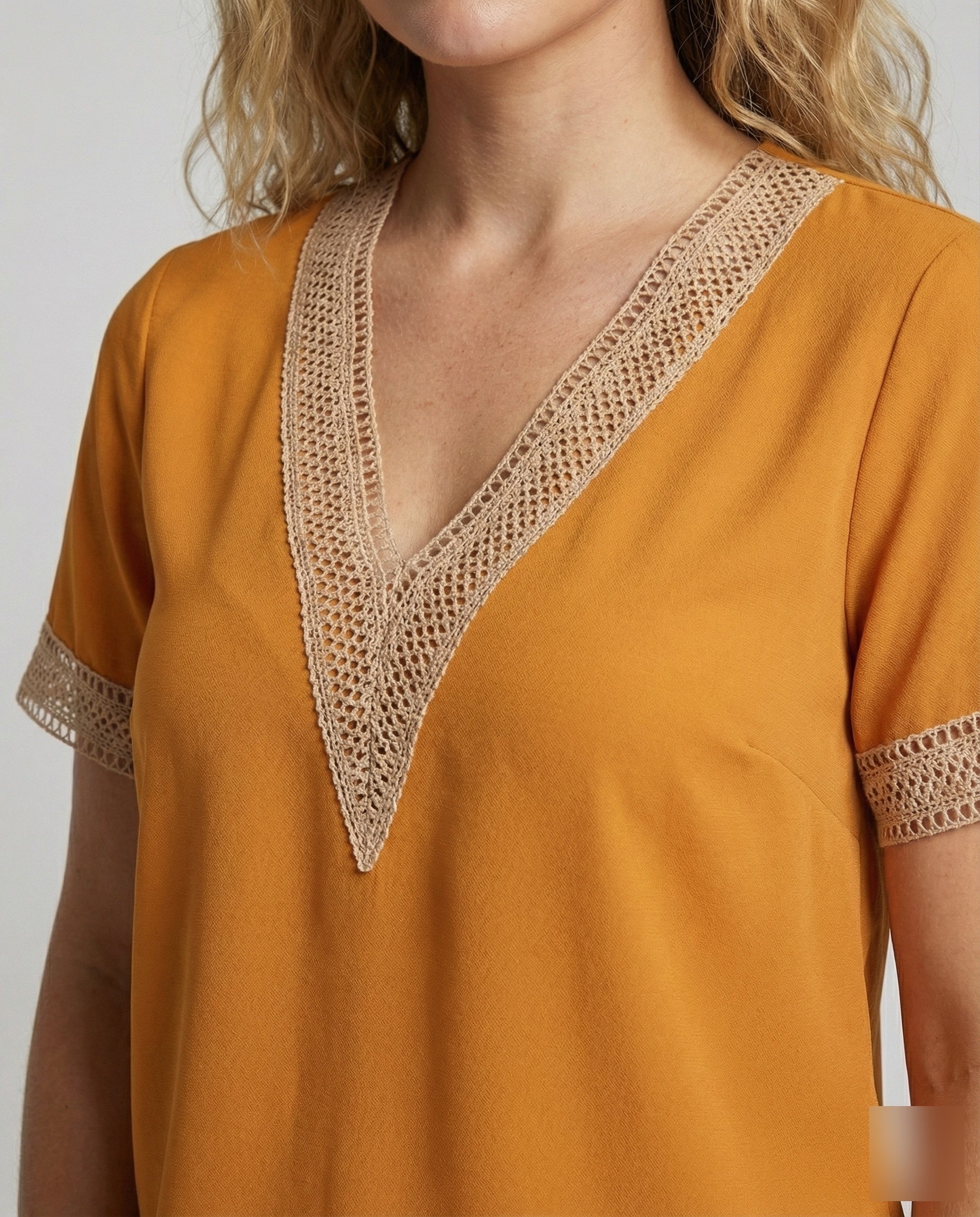 Women's Boxy Crochet Lace Mixed Country Girl Blouse Top - Close-Up Detail