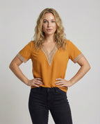 Women's Boxy Crochet Lace Mixed Country Girl Blouse Top - Upper Body View