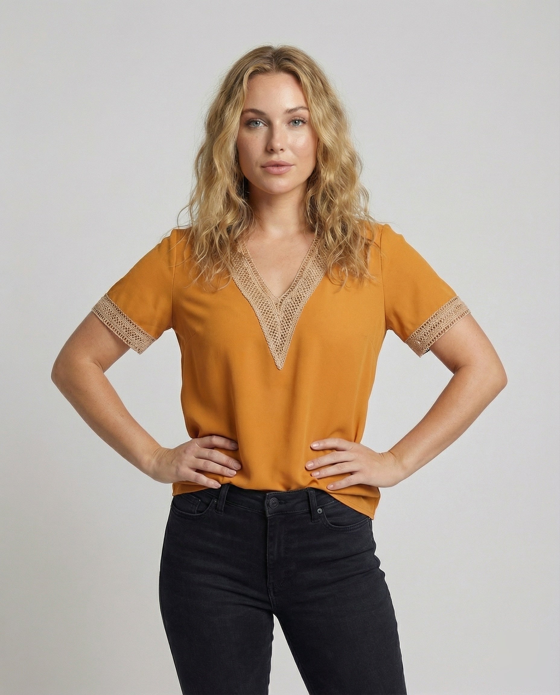 Women's Boxy Crochet Lace Mixed Country Girl Blouse Top - Upper Body View