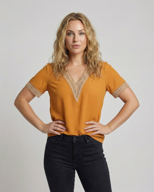 Women's Boxy Crochet Lace Mixed Country Girl Blouse Top - Upper Body View
