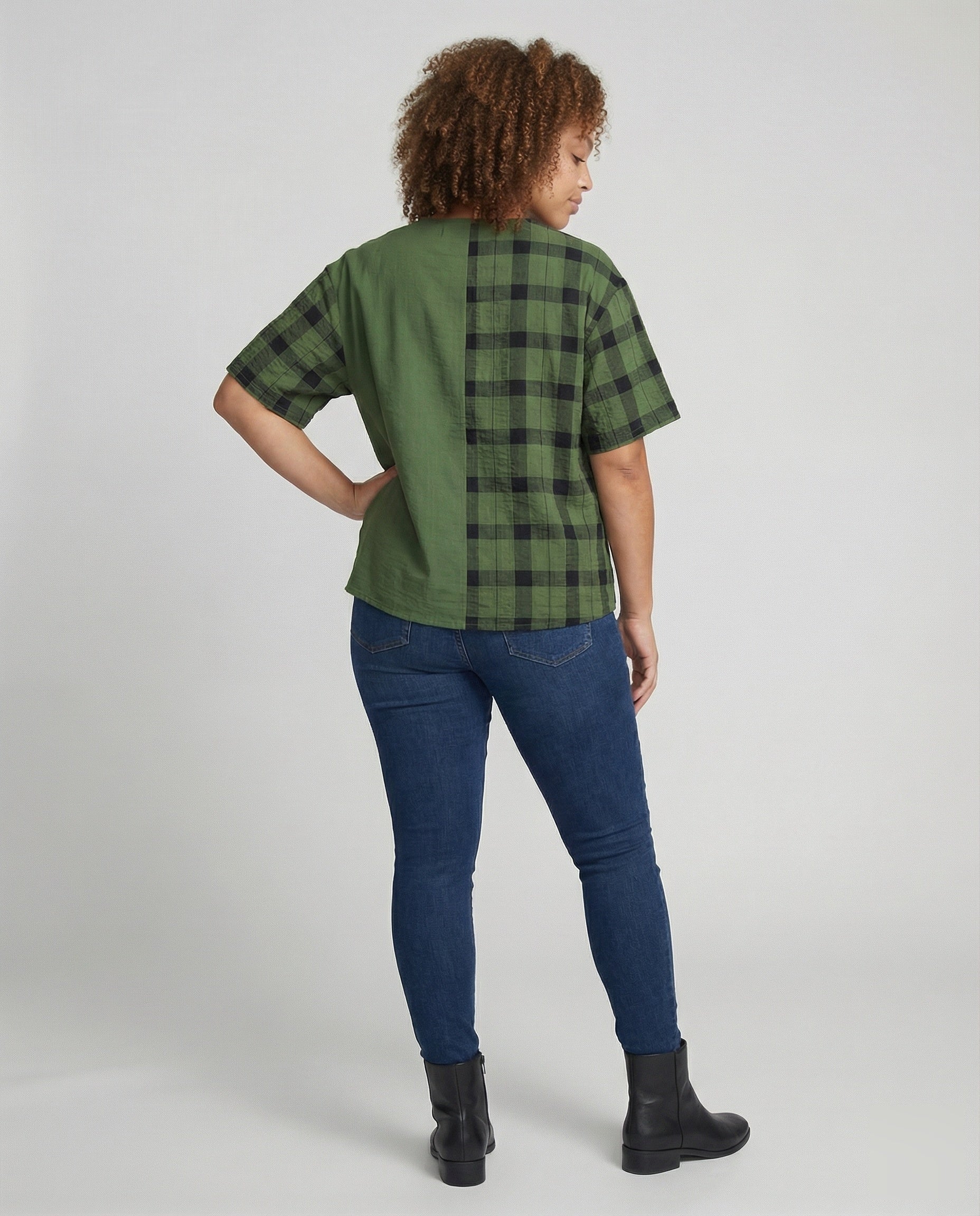 Women's Geometric Check Mix Cotton Blend Blouse Shirt - Back View