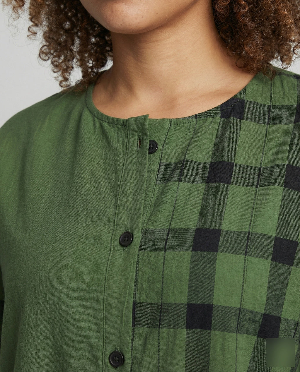 Women's Geometric Check Mix Cotton Blend Blouse Shirt - Close-Up Detail