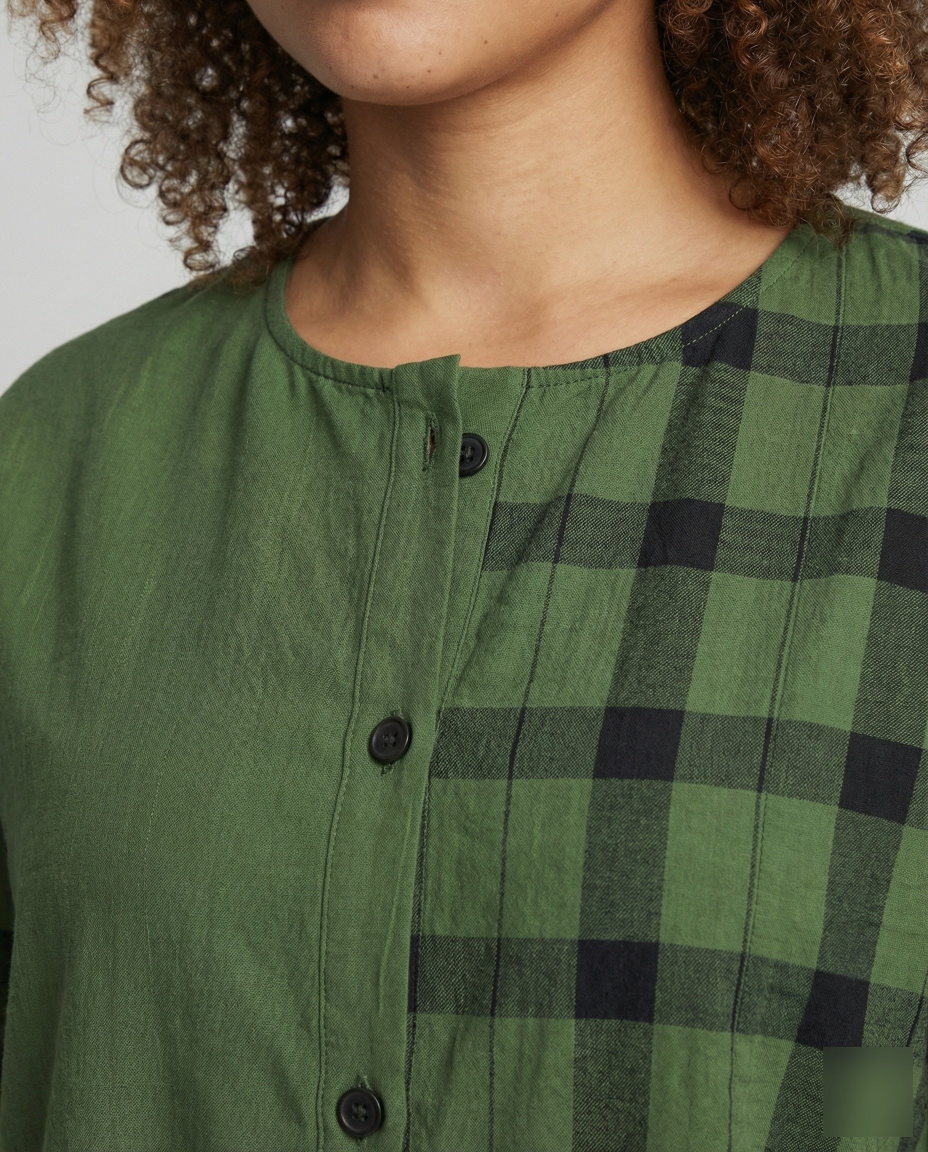 Women's Geometric Check Mix Cotton Blend Blouse Shirt - Close-Up Detail