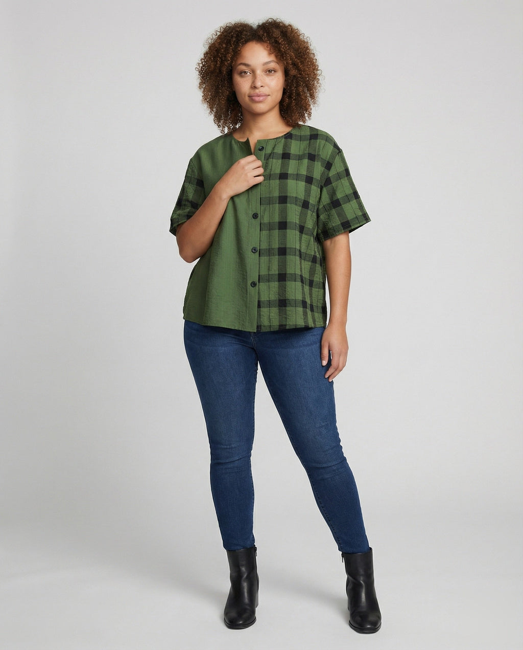 Women's Geometric Check Mix Cotton Blend Blouse Shirt - Front View