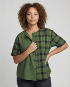 Women's Geometric Check Mix Cotton Blend Blouse Shirt - Upper Body View
