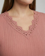 Women's Feminine Lace V-Neck Rib Jersey Blouse Shirt - Close-Up Detail