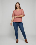 Women's Feminine Lace V-Neck Rib Jersey Blouse Shirt - Front View