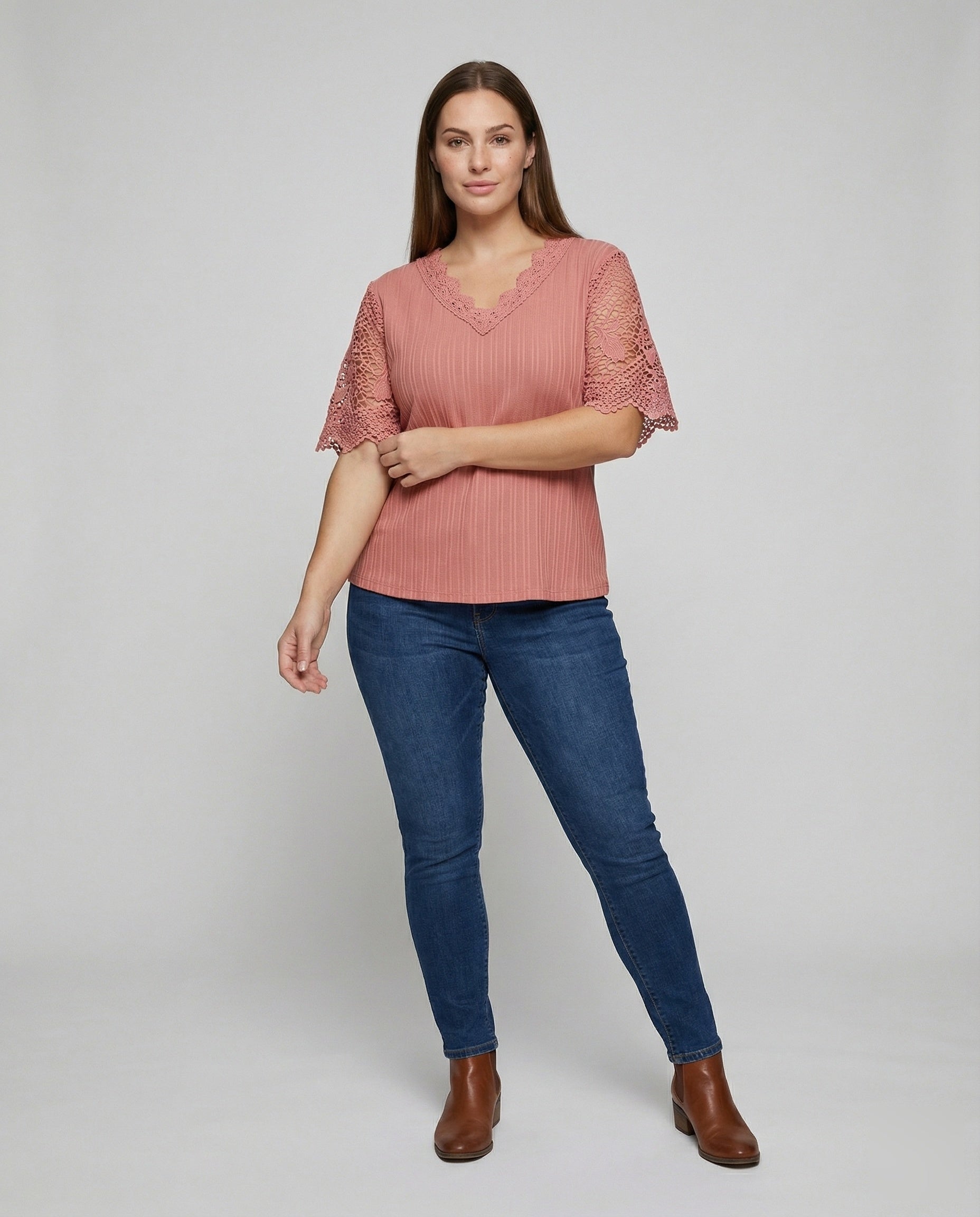 Women's Feminine Lace V-Neck Rib Jersey Blouse Shirt - Front View