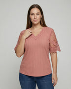 Women's Feminine Lace V-Neck Rib Jersey Blouse Shirt - Upper Body View