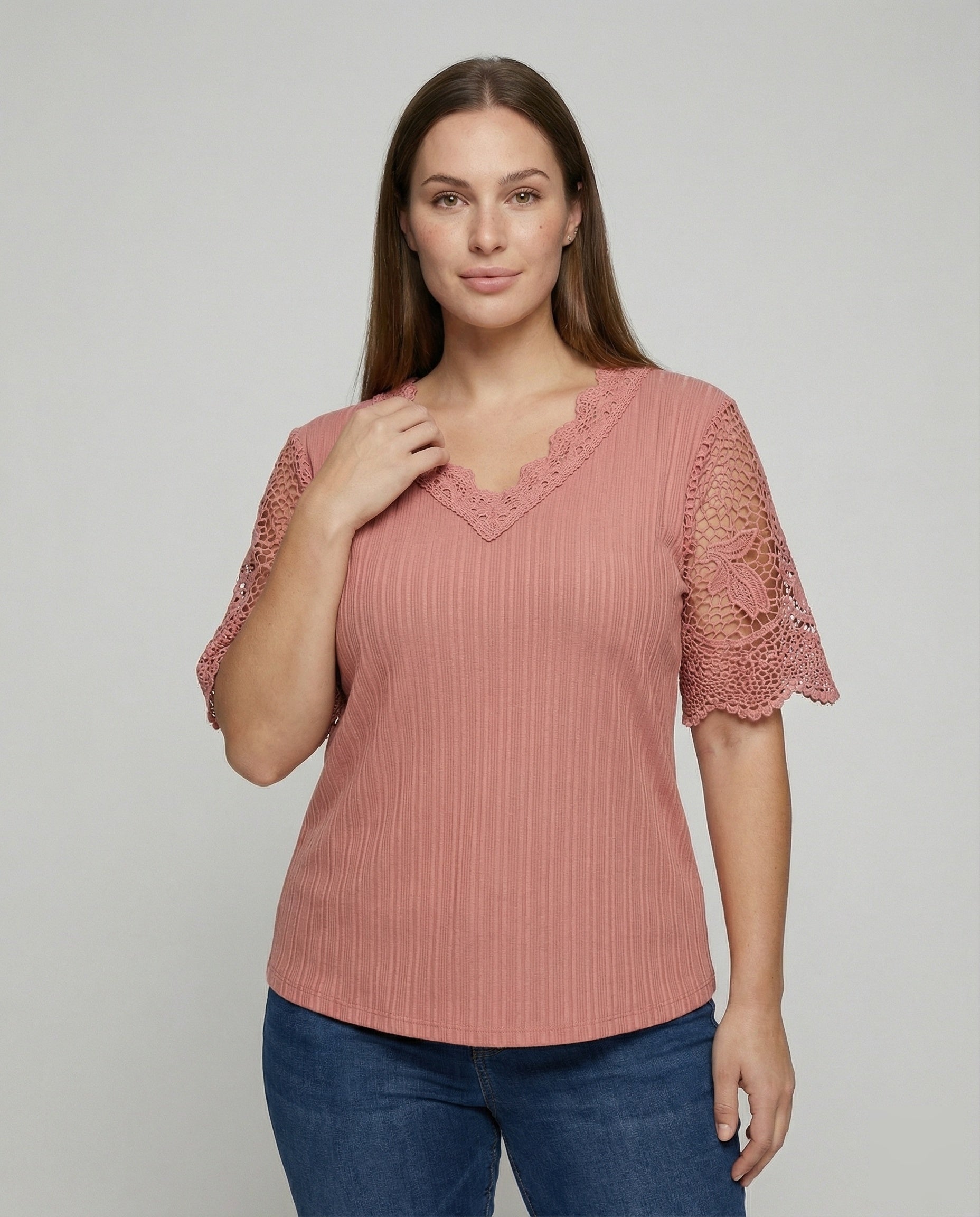 Women's Feminine Lace V-Neck Rib Jersey Blouse Shirt - Upper Body View